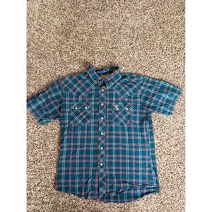 Wrangler Retro Mens Short Sleeve Plaid Western Shirt Teal Pink Size LG(fit small